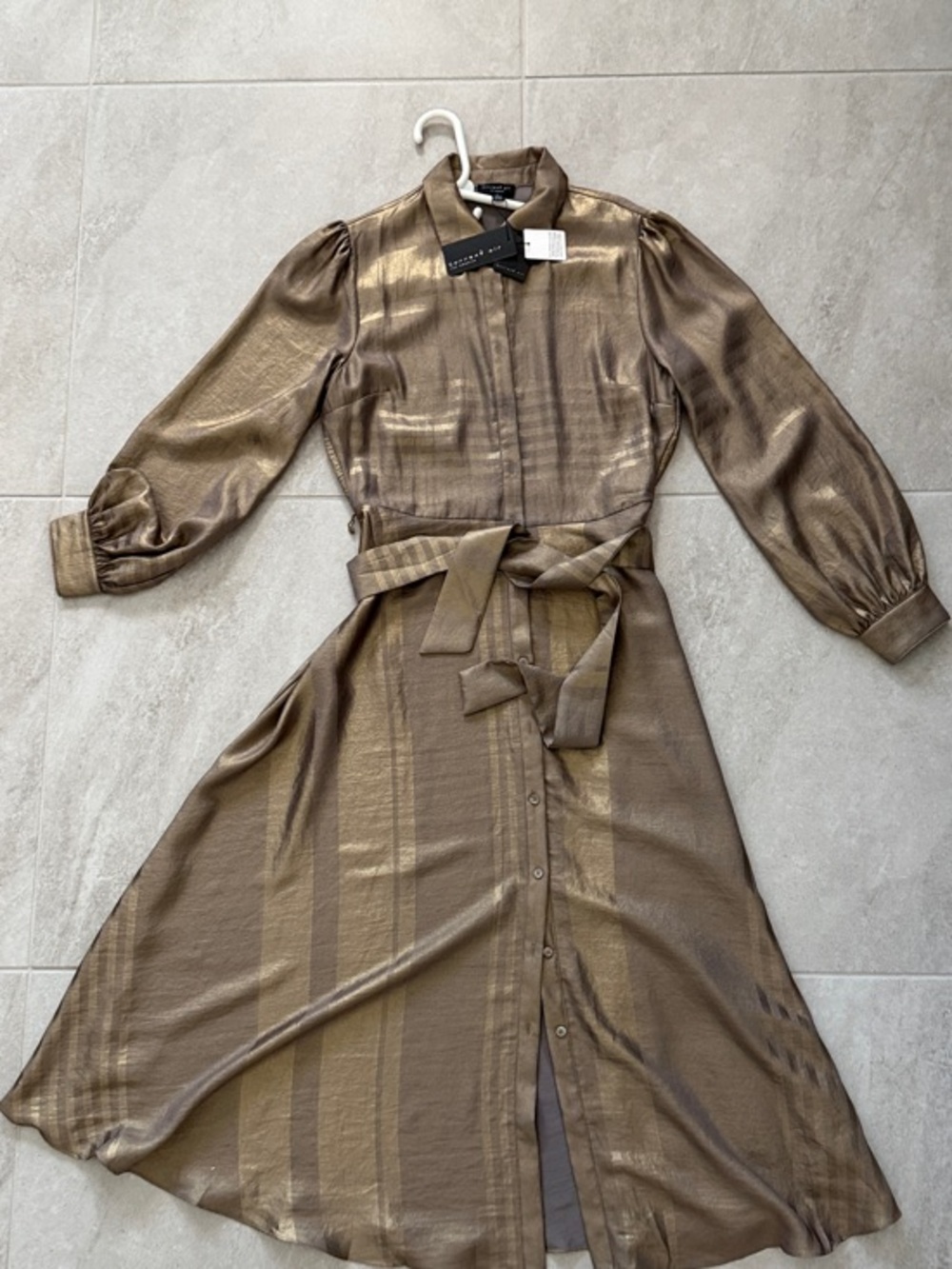 Current Air Metallic Bronze Midi Shirt Dress with Tie Belt